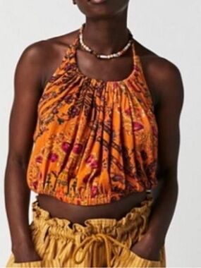 Free People - Boho Floral Halter Crop Top - Mustard Yellow with Magenta & Teal